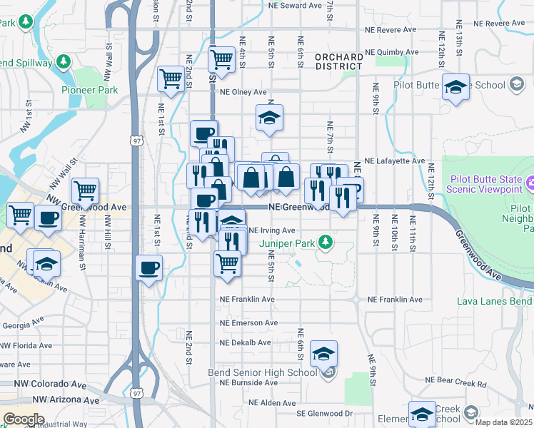 map of restaurants, bars, coffee shops, grocery stores, and more near 477 U.S. 20 in Bend