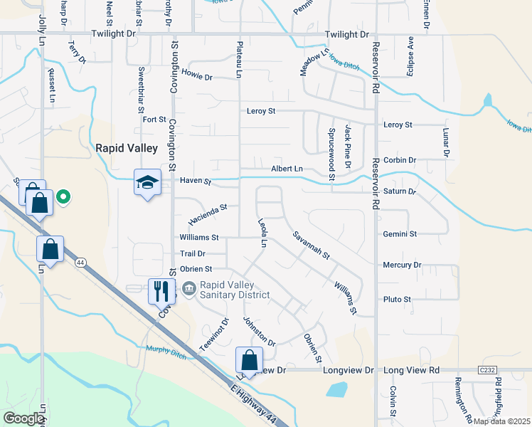map of restaurants, bars, coffee shops, grocery stores, and more near 2657 Leola Lane in Rapid City