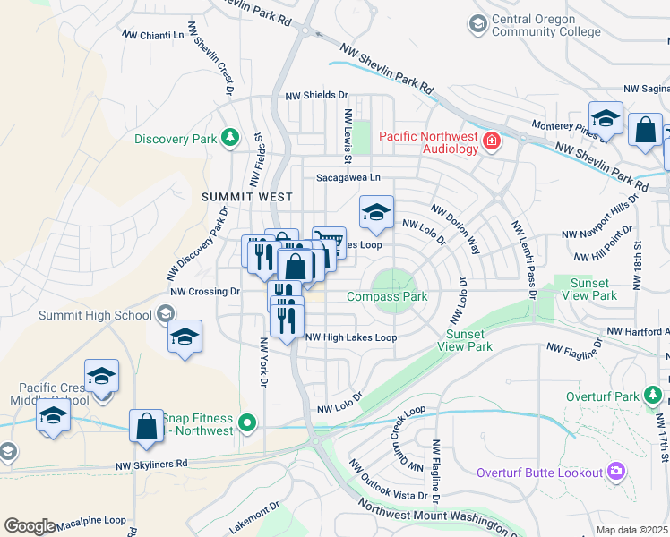 map of restaurants, bars, coffee shops, grocery stores, and more near 2571 Northwest Ordway Avenue in Bend