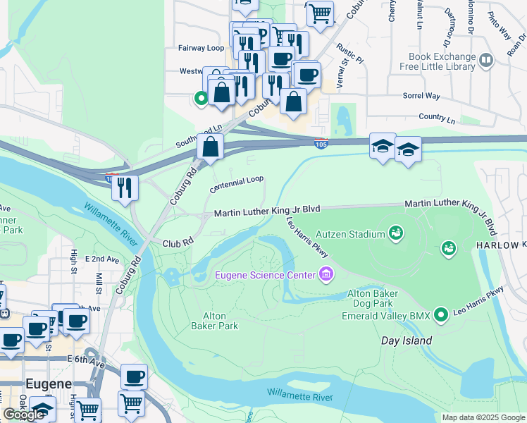 map of restaurants, bars, coffee shops, grocery stores, and more near 2315 Martin Luther King Junior Boulevard in Eugene