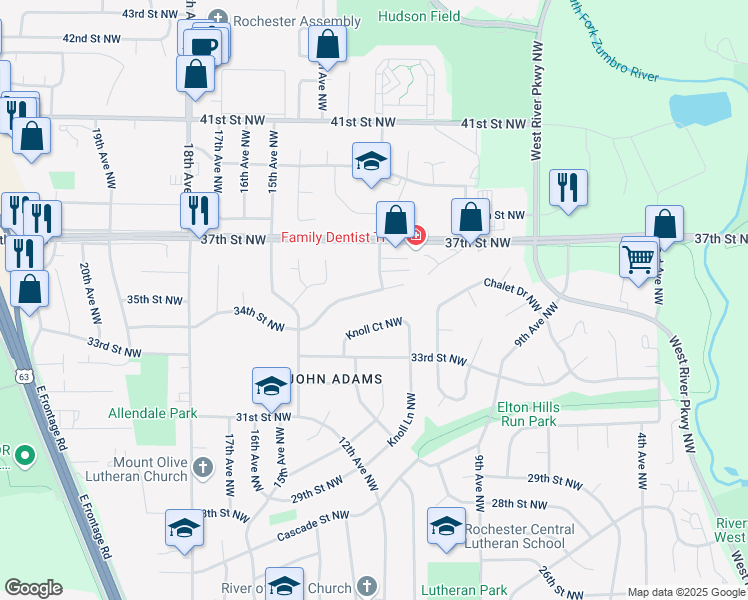 map of restaurants, bars, coffee shops, grocery stores, and more near 1108 34th Street Northwest in Rochester