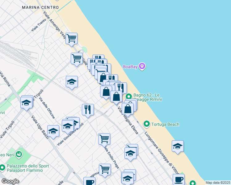map of restaurants, bars, coffee shops, grocery stores, and more near 69 Lungomare Giuseppe di Vittorio in Rimini
