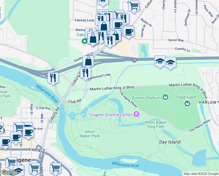 map of restaurants, bars, coffee shops, grocery stores, and more near 87 Centennial Loop in Eugene