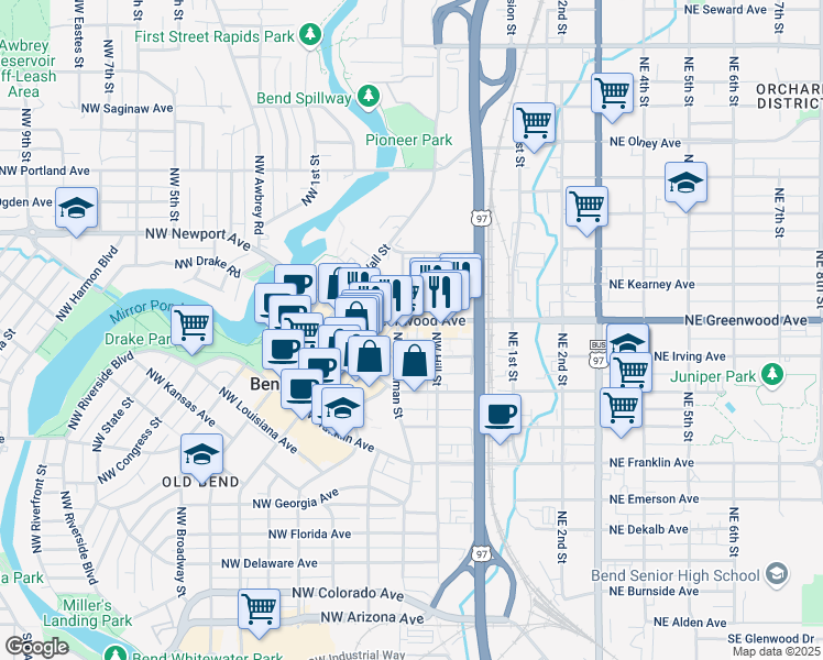 map of restaurants, bars, coffee shops, grocery stores, and more near 121 Northwest Greenwood Avenue in Bend