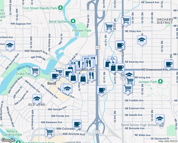 map of restaurants, bars, coffee shops, grocery stores, and more near 37 Northwest Greenwood Avenue in Bend