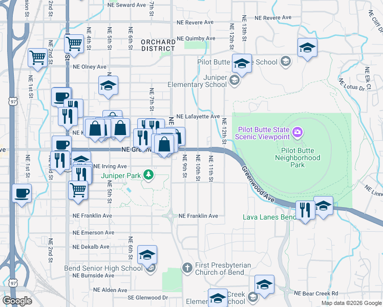 map of restaurants, bars, coffee shops, grocery stores, and more near 942 Northeast 10th Street in Bend