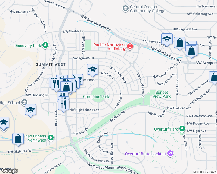 map of restaurants, bars, coffee shops, grocery stores, and more near 2559 Northwest Crossing Drive in Bend