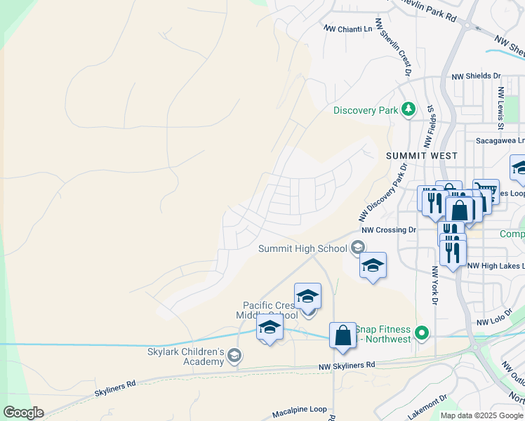 map of restaurants, bars, coffee shops, grocery stores, and more near 3226 Northwest Celilo Lane in Bend