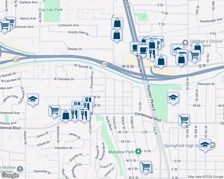 map of restaurants, bars, coffee shops, grocery stores, and more near 1558 Laura Street in Springfield