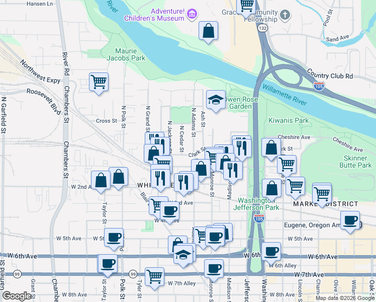map of restaurants, bars, coffee shops, grocery stores, and more near 16 North Adams Street in Eugene