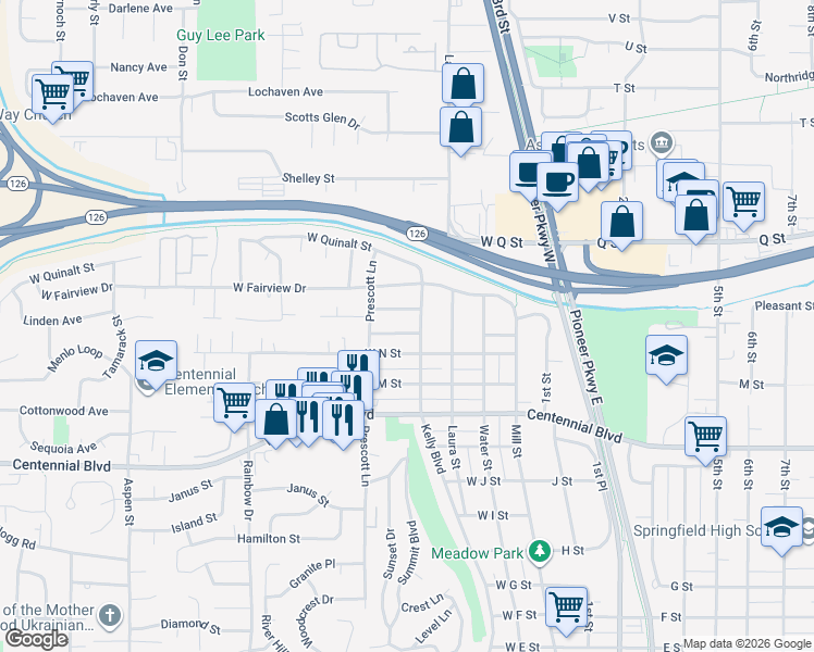 map of restaurants, bars, coffee shops, grocery stores, and more near 414 West Olympic Street in Springfield