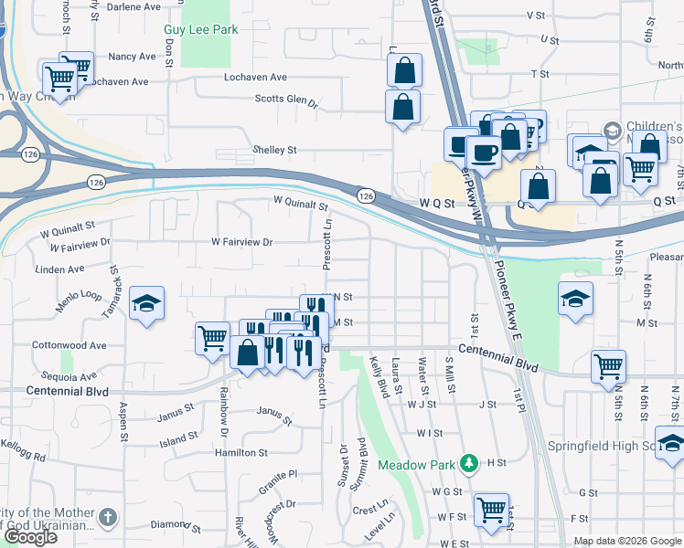 map of restaurants, bars, coffee shops, grocery stores, and more near 1551 Prescott Lane in Springfield
