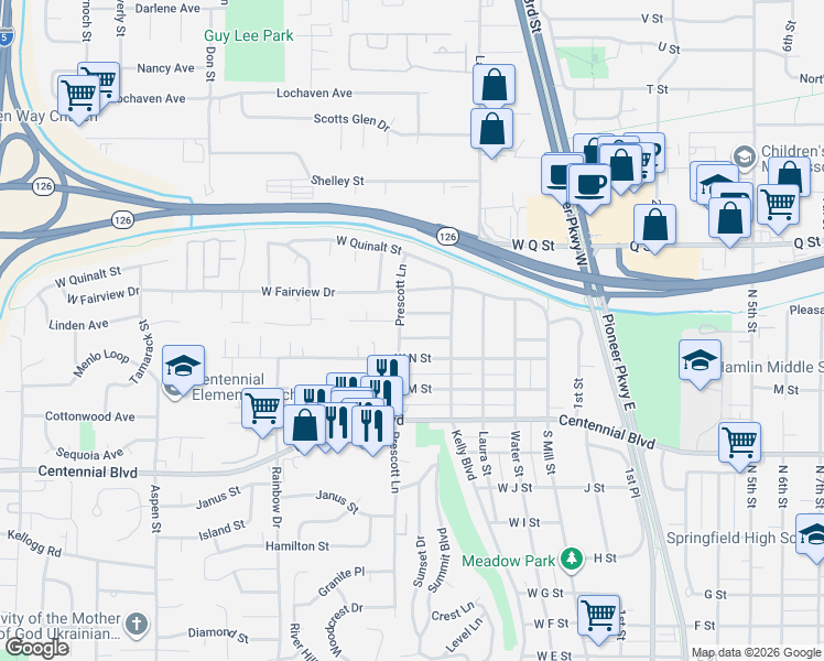 map of restaurants, bars, coffee shops, grocery stores, and more near 1551 Prescott Lane in Springfield