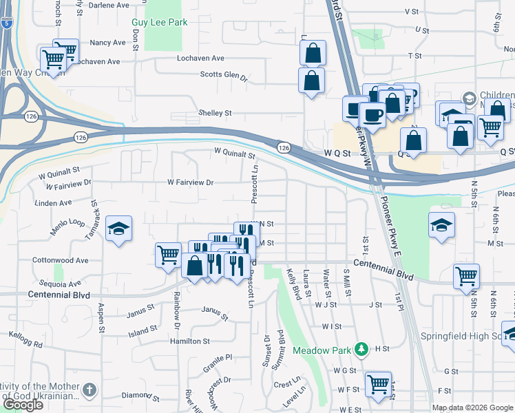 map of restaurants, bars, coffee shops, grocery stores, and more near 1551 Prescott Lane in Springfield