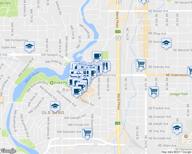 map of restaurants, bars, coffee shops, grocery stores, and more near 215 Northwest Greenwood Avenue in Bend
