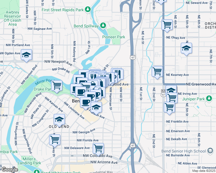 map of restaurants, bars, coffee shops, grocery stores, and more near 215 Northwest Greenwood Avenue in Bend