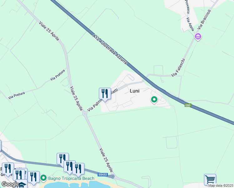 map of restaurants, bars, coffee shops, grocery stores, and more near 5 Via Palmiro Togliatti in Luni Mare