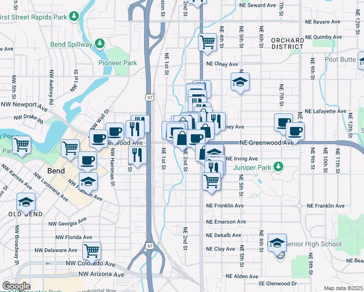 map of restaurants, bars, coffee shops, grocery stores, and more near 209 Northeast Greenwood Avenue in Bend