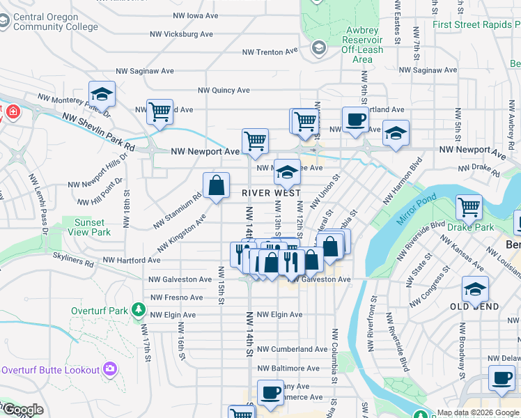 map of restaurants, bars, coffee shops, grocery stores, and more near 1375 Northwest Kingston Avenue in Bend