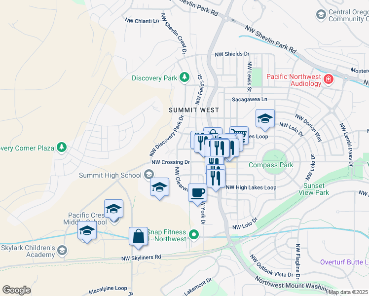 map of restaurants, bars, coffee shops, grocery stores, and more near 2776 Northwest Ordway Avenue in Bend