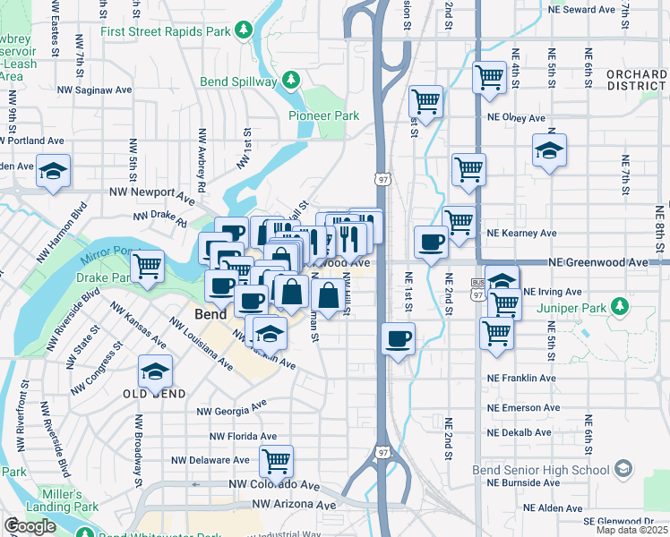 map of restaurants, bars, coffee shops, grocery stores, and more near 121 Northwest Greenwood Avenue in Bend