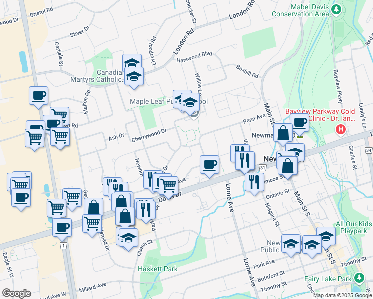 map of restaurants, bars, coffee shops, grocery stores, and more near 260 Gwillimbury Road in Newmarket
