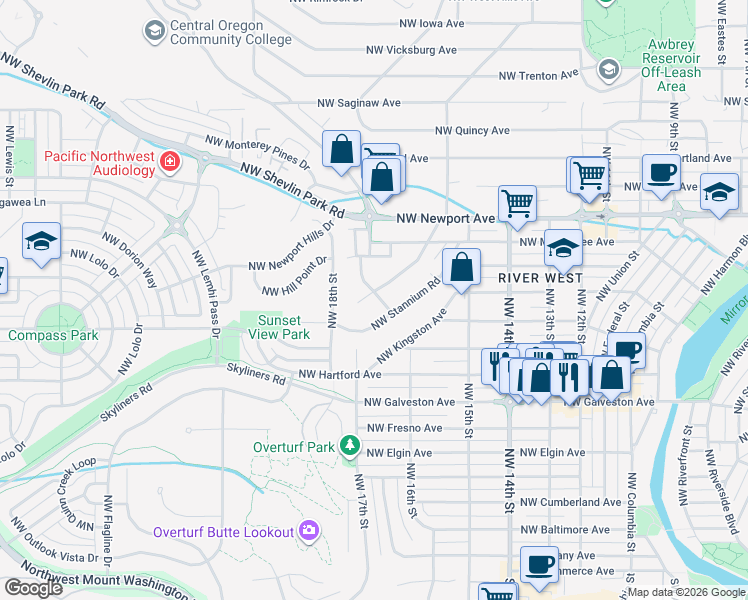 map of restaurants, bars, coffee shops, grocery stores, and more near 1108 Northwest Knoxville Boulevard in Bend