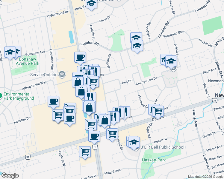 map of restaurants, bars, coffee shops, grocery stores, and more near in Newmarket