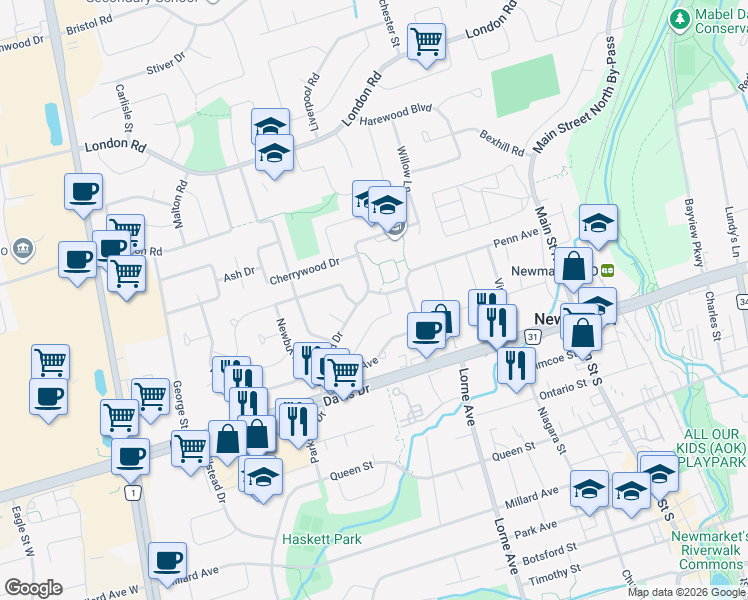map of restaurants, bars, coffee shops, grocery stores, and more near 258 Gwillimbury Road in Newmarket