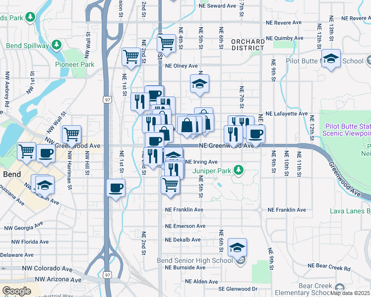 map of restaurants, bars, coffee shops, grocery stores, and more near 409 Northeast Greenwood Avenue in Bend