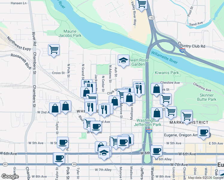 map of restaurants, bars, coffee shops, grocery stores, and more near 16 North Adams Street in Eugene