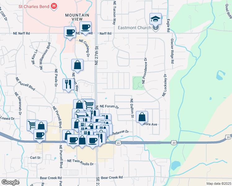 map of restaurants, bars, coffee shops, grocery stores, and more near 2870 Northeast Jackdaw Drive in Bend