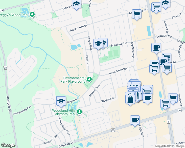 map of restaurants, bars, coffee shops, grocery stores, and more near 341 Gilpin Drive in Newmarket