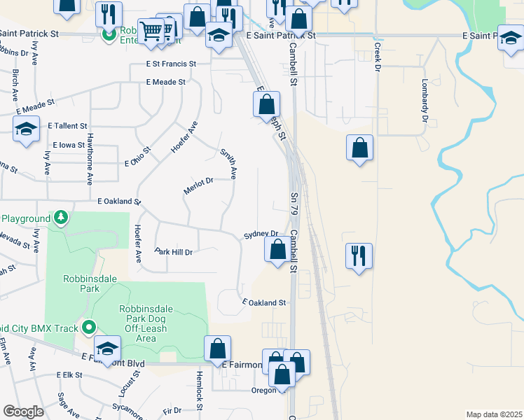 map of restaurants, bars, coffee shops, grocery stores, and more near 1318 Sydney Dr in Rapid City