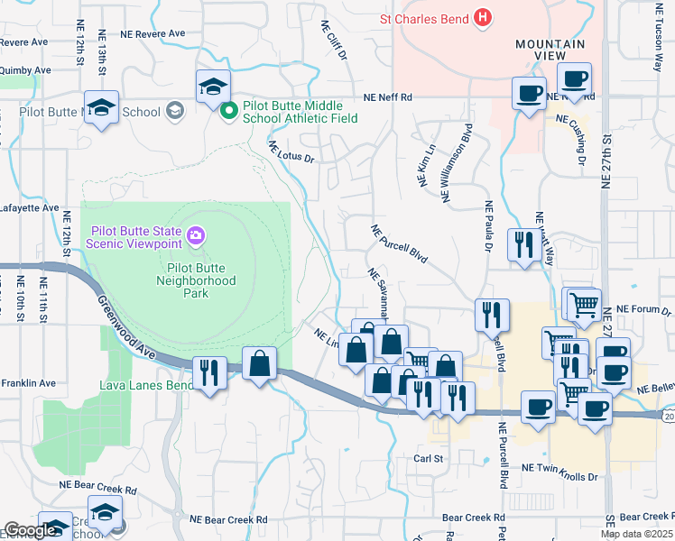 map of restaurants, bars, coffee shops, grocery stores, and more near 1952 Northeast Zachary Court in Bend