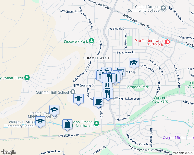 map of restaurants, bars, coffee shops, grocery stores, and more near 2740 Northwest Ordway Avenue in Bend