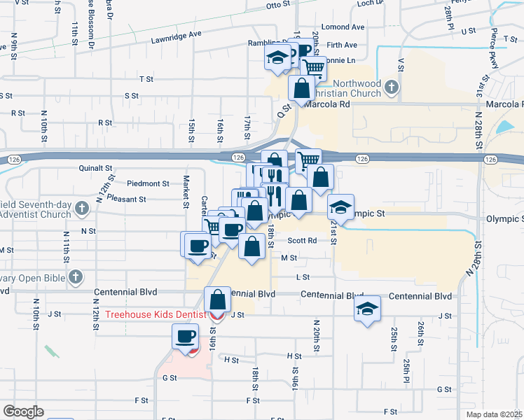 map of restaurants, bars, coffee shops, grocery stores, and more near 1625 Mohawk Boulevard in Springfield