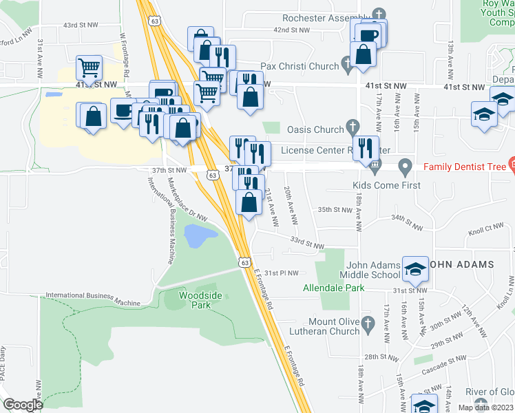map of restaurants, bars, coffee shops, grocery stores, and more near 3512 22nd Avenue Northwest in Rochester