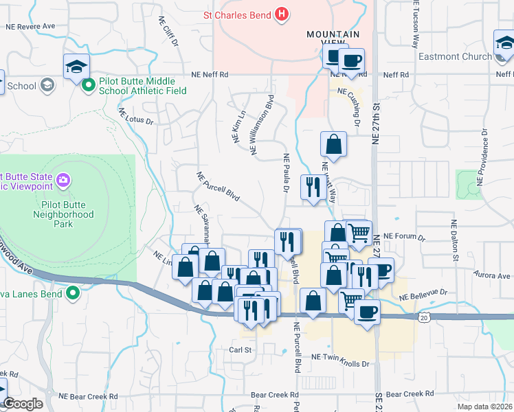 map of restaurants, bars, coffee shops, grocery stores, and more near 952 Northeast Francis Court in Bend