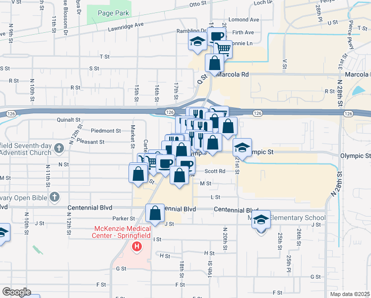 map of restaurants, bars, coffee shops, grocery stores, and more near 1625 Mohawk Boulevard in Springfield