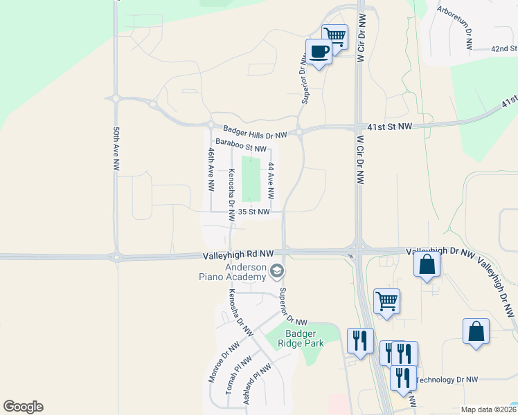 map of restaurants, bars, coffee shops, grocery stores, and more near 4420 35 Street Northwest in Rochester