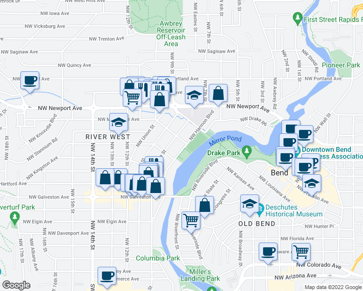 map of restaurants, bars, coffee shops, grocery stores, and more near 1165 Northwest Harmon Boulevard in Bend