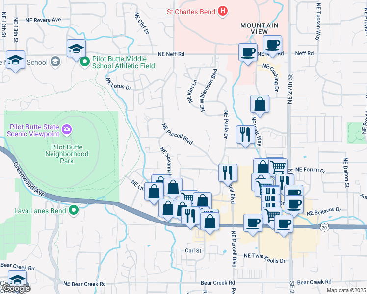 map of restaurants, bars, coffee shops, grocery stores, and more near 2063 Northeast Chanel Court in Bend