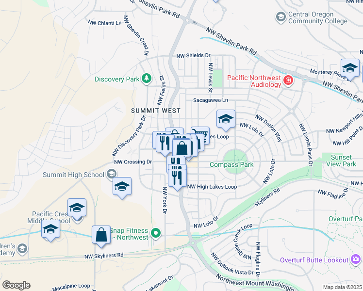 map of restaurants, bars, coffee shops, grocery stores, and more near 2755 Northwest Crossing Drive in Bend