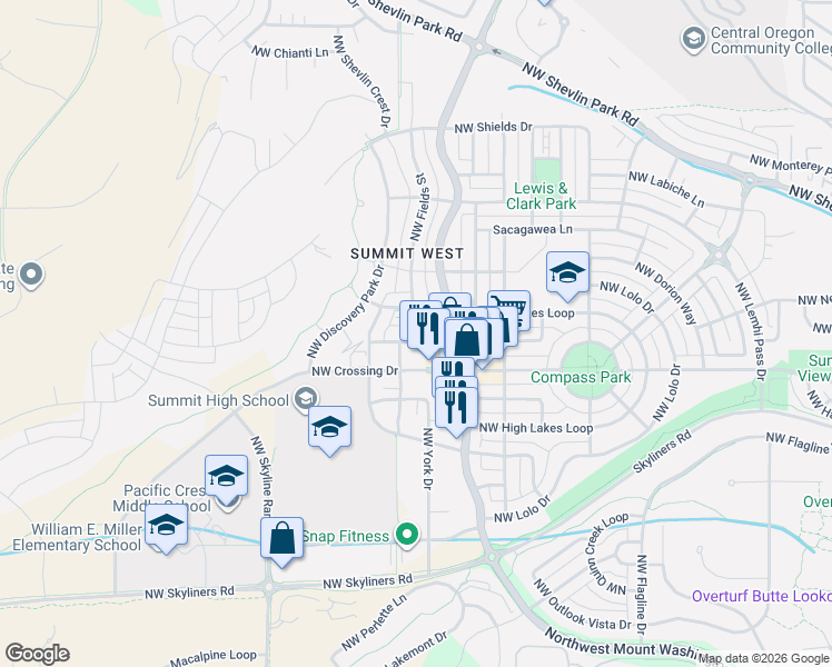 map of restaurants, bars, coffee shops, grocery stores, and more near 2740 Northwest Ordway Avenue in Bend