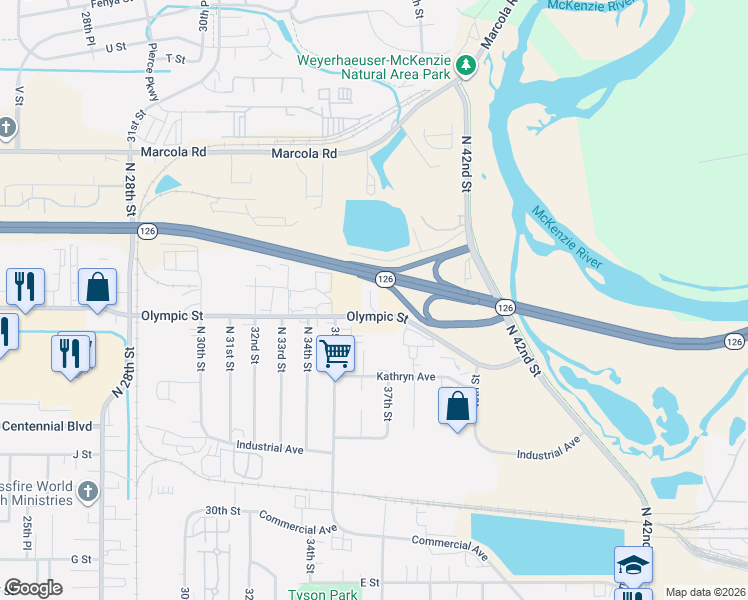 map of restaurants, bars, coffee shops, grocery stores, and more near 3620 Olympic Street in Springfield