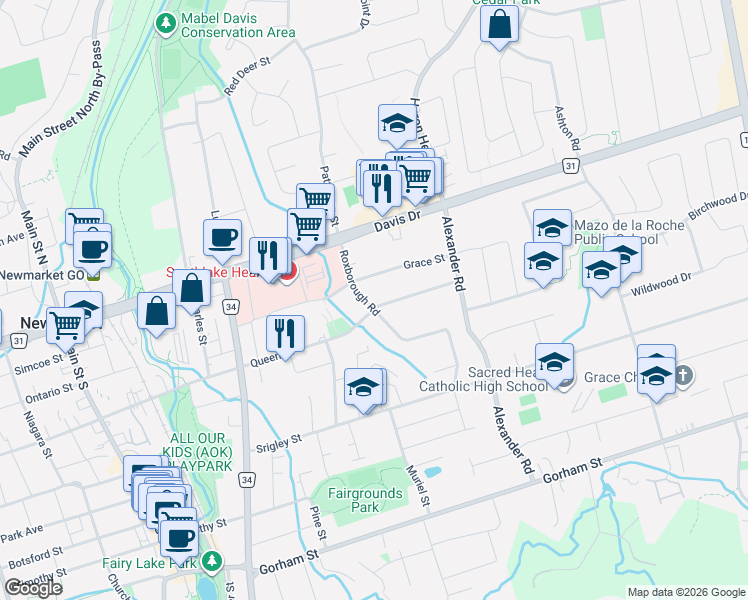 map of restaurants, bars, coffee shops, grocery stores, and more near 61 Roxborough Road in Newmarket