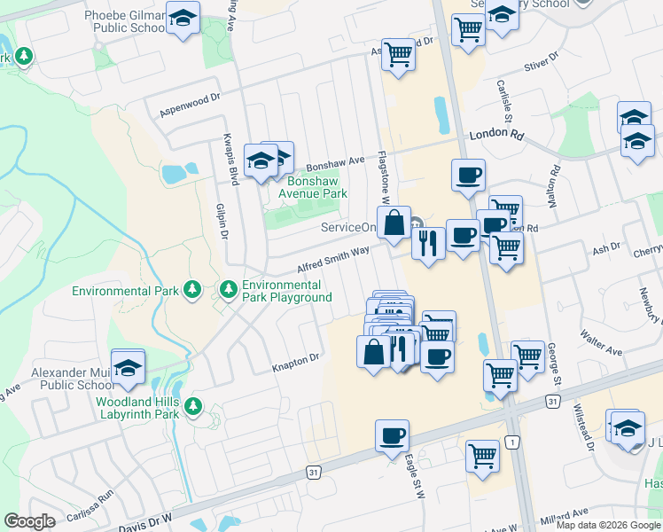 map of restaurants, bars, coffee shops, grocery stores, and more near 161 Alfred Smith Way in Newmarket