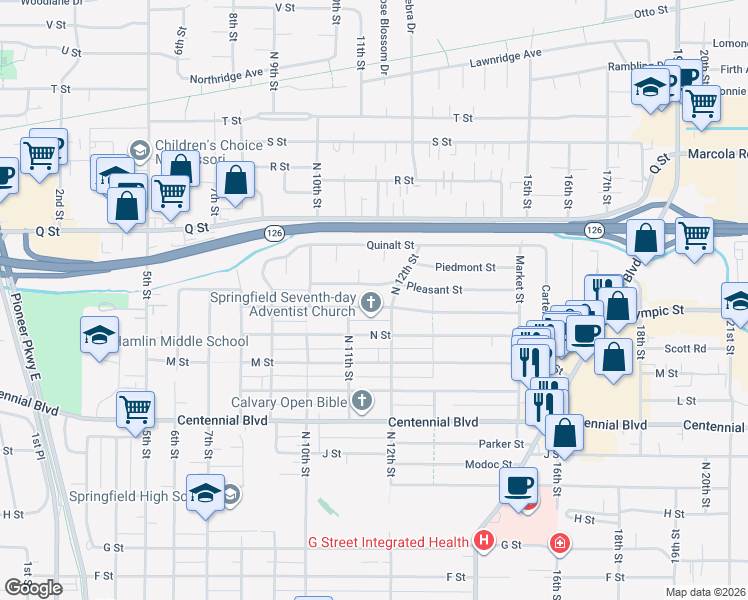 map of restaurants, bars, coffee shops, grocery stores, and more near 1630 North 12th Street in Springfield