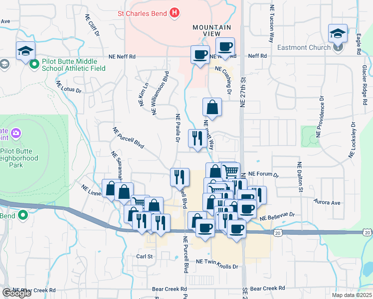 map of restaurants, bars, coffee shops, grocery stores, and more near 984 Northeast Paula Drive in Bend